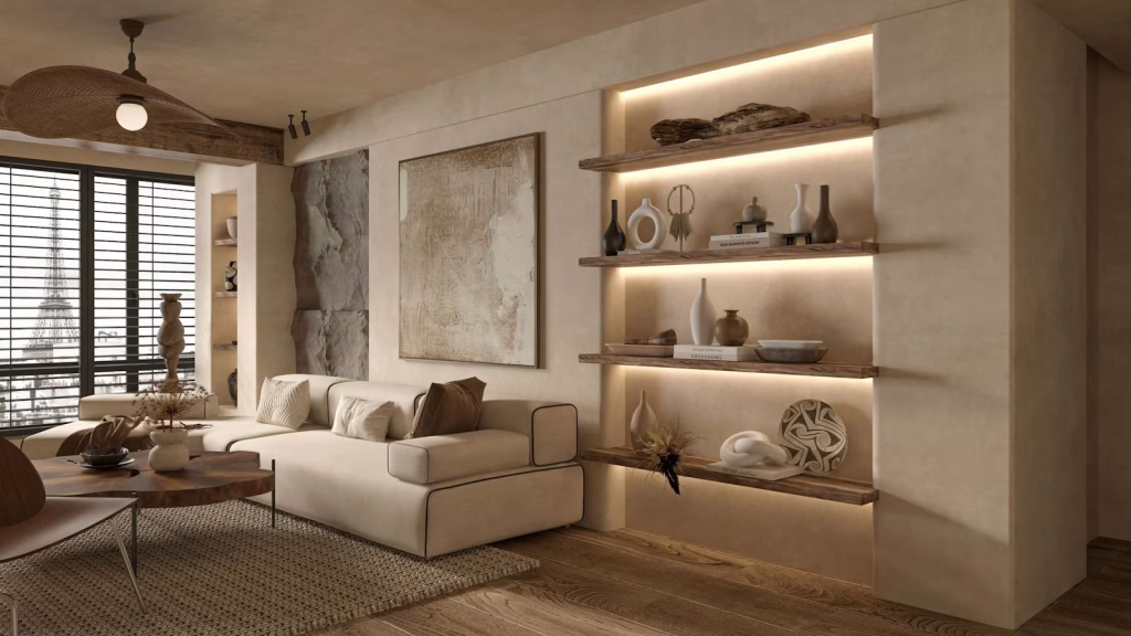 Elegant minimalist living room with a luxurious interior design overlooking the Eiffel Tower, featuring modern decor and warm lighting.