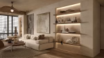 Elegant minimalist living room with a luxurious interior design overlooking the Eiffel Tower, featuring modern decor and warm lighting.